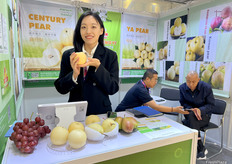 辛集盛溢果品有限公司的Shirley Yang。公皇冠梨是公司近期的主打出口产品之一。/ Shirley Yang from Xinji Shengyi Fruit Co., Ltd. The Crown pear is one of the company's main export products recently.