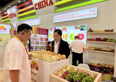 济南浩源农副产品有限公司的参展代表与到访展位的访客交谈。/ Exhibition representative from Jinan Haoyuan Agricultural Products Co., Ltd. is talking with visitors at the booth.