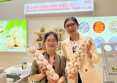 青岛泰科源国际贸易有限公司的销售代表Deedee Ding 和参展同事。/ Deedee Ding, sales representative of Qingdao Taikeyuan International Trade Co., Ltd., and her colleague at the exhibition.