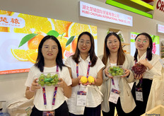 湖北楚辕国际贸易有限公司的参展团队，吴经理（左一），杜经理（左二），吴经理（左三）和洪经理（右一）。/ The exhibition team from Hubei Chuyuan International Trade Co., Ltd., including Manager Wu (first from left), Manager Du (second from left), Manager Wu (third from left) and Manager Hong (first from right).