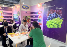 漳浦益才公司的参展代表正在与访客交谈。/ The exhibition representative from Zhangpu Yicai Company is talking with visitors.