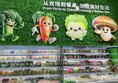 蔬菜出口商茂雄展位中的样品展示区。/ The sample display area at the vegetable exporter Maoxiong's booth.