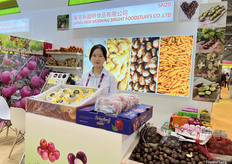 莱芜新晨明食品有限公司的参展代表。公司出口板栗，生姜，洋葱等多种农产品。/ Representative from Laiwu New Morning Bright Foodstuffs Co., Ltd., which exports a variety of agricultural products including chestnuts, ginger, and onions.