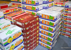 来自山东省的一家种植商山东省青青大地果蔬有限公司所产的梨和苹果的品牌和包装