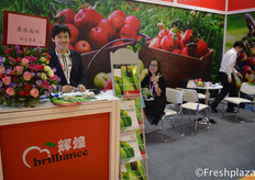 Cindy from Brilliant Century Agriculture Developing (Dalian) Co., Ltd. They sell their products in domestic and foreign markets. Main fruits are, apple, pear, nectarine, frozen strawberry, ginger and garlic.来自辉煌世纪农业开发（大连）有限公司的销售张倩。他们的产品远销海内外市场。主要水果有苹果、梨、油桃、冷冻草莓、姜和大蒜。