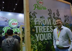 USA Pears have been shipping more to Asia due to a direct service, but shipping in general has been a challenge. This season there is a small crop and so high prices and less will go to Asia. Jeff Correa was at the stand.
